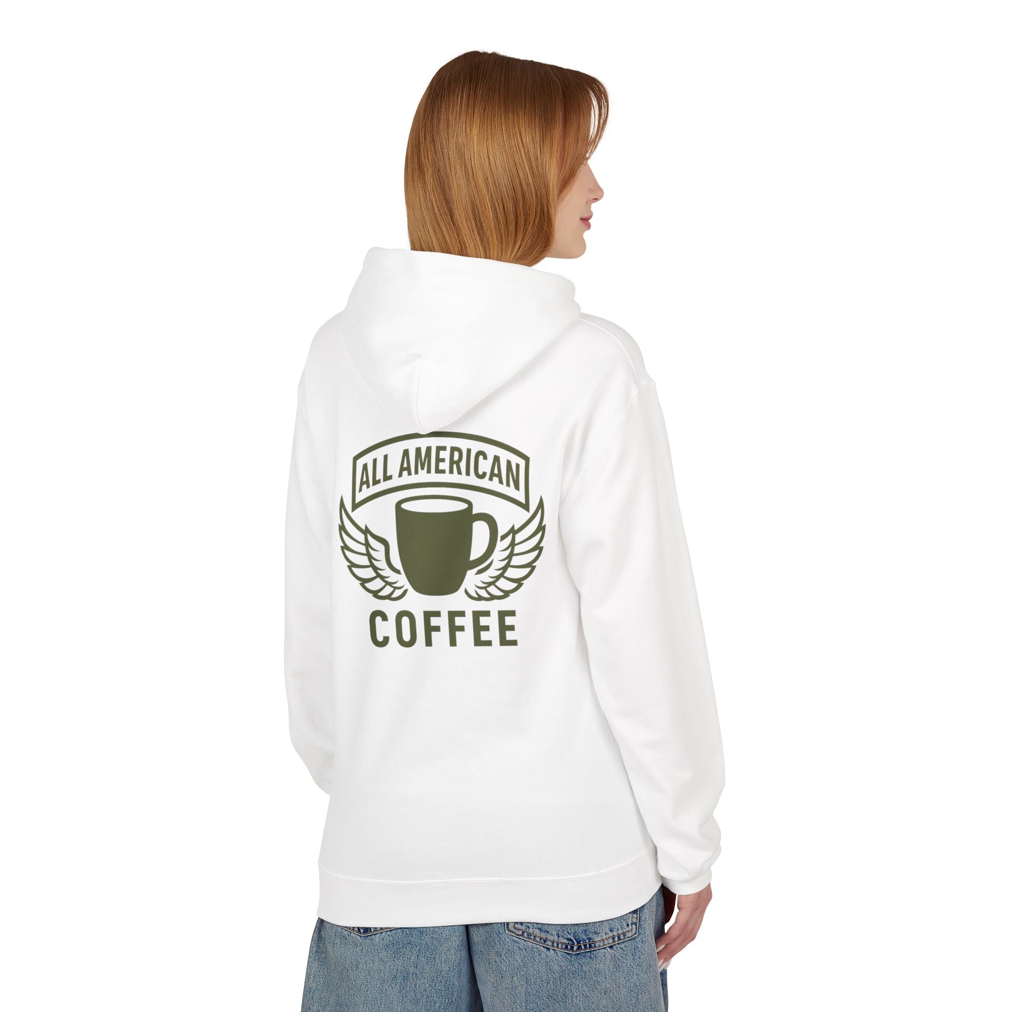 All American Coffee Hoodie — Winged Coffee Cup Graphic